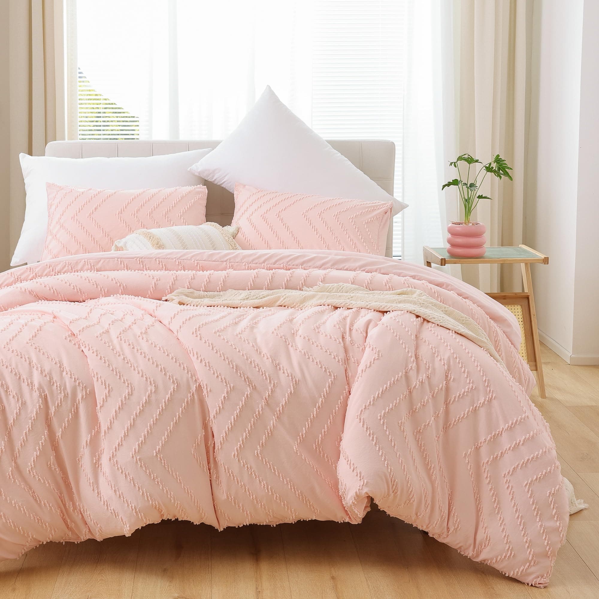 YIRDDEO Pink Full Comforter Set 3Pcs, Boho Blush Full Size Bedding Set, Vertical Tufted Bed Set, Lightweight Neutral Bedroom Set (1 Comforter 2 Pillowcase)