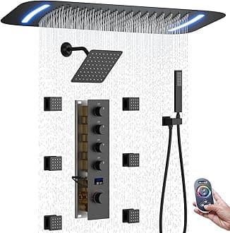 16X26 inch Matte Black Shower System with Body Jets, Ceiling Mount Raindall Shower Head and 8 inch Wall Mount Shower Head, 4 Way Temperature Digital Display Shower Faucet Set