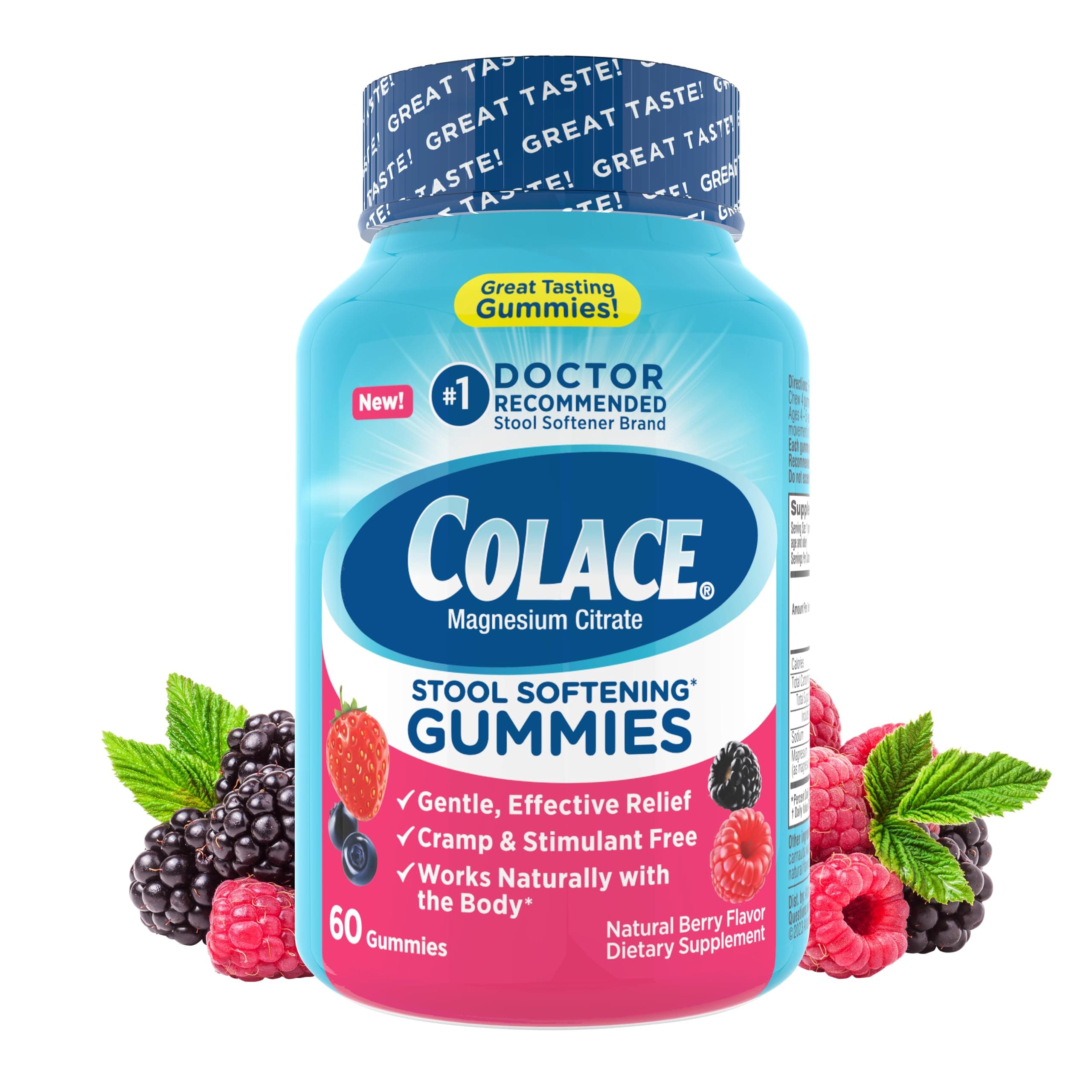 Stool Softener Gummies, Gentle Dependable Constipation Relief Magnesium Citrate Gummies, No.1 Doctor Recommended Stool Softener Brand, Berry Flavored 60ct