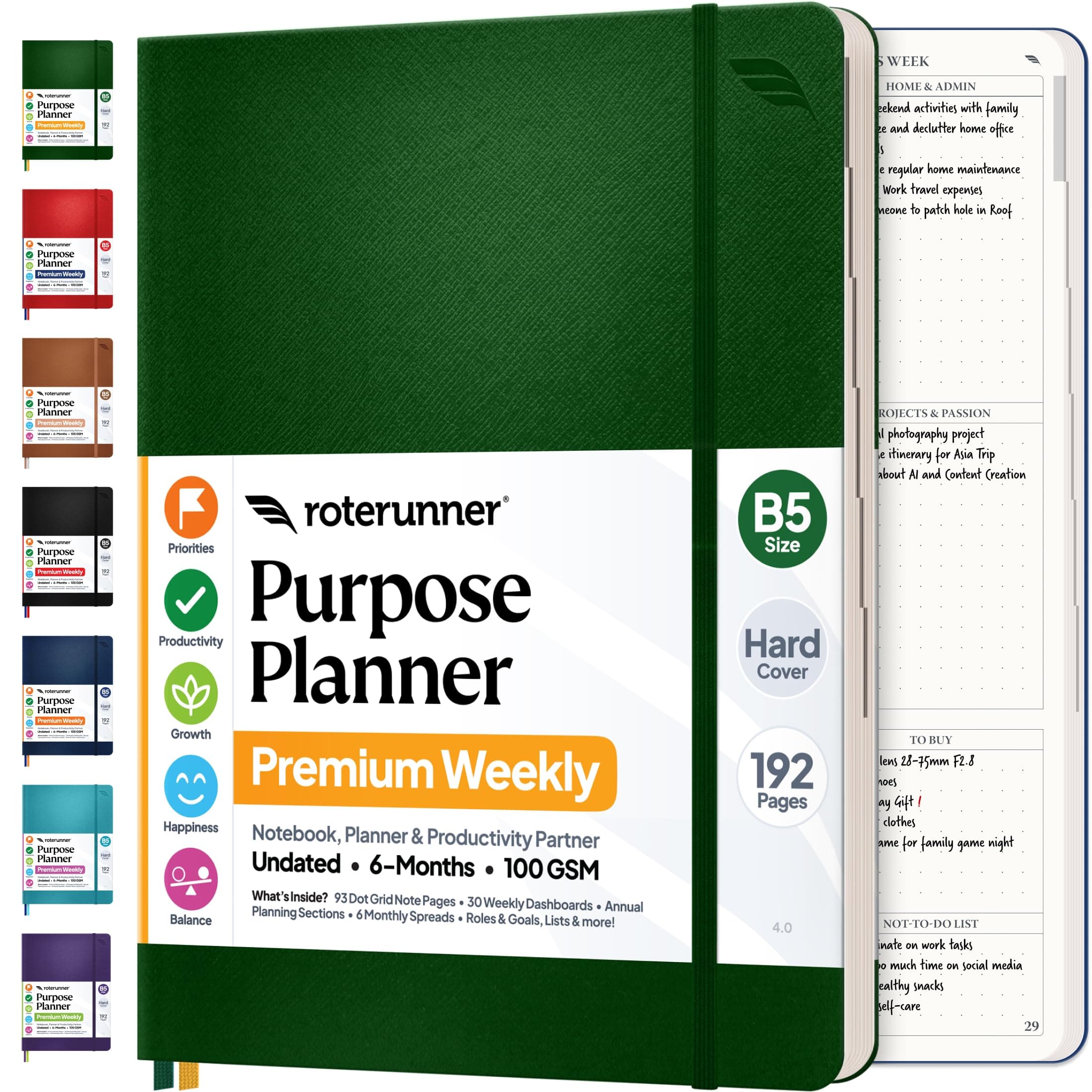 Purpose Planner Notebook B5 7.5”x9.8” Undated 2026 Daily Weekly and Monthly Productivity Goal Setting Tool for Work Home ADHD Planner for Adults Self Care Journal