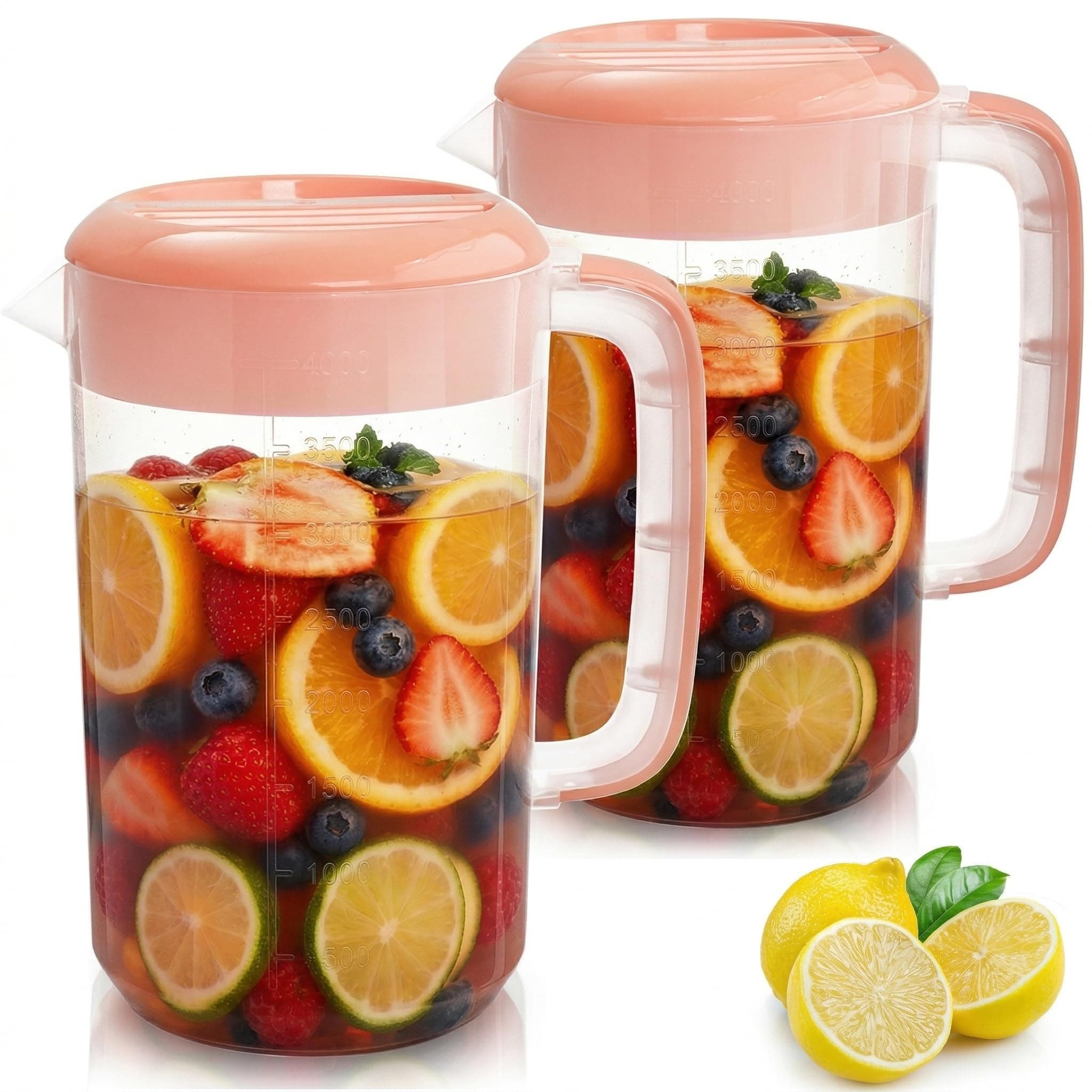 2 Pack 1 Gallon Plastic Pitcher with 3 Ways Lid, Large Gallon Water Ice Tea Pitcher with Handle Measurement for Party Outdoor, Freezer/Dishwasher Safe, BPA Free
