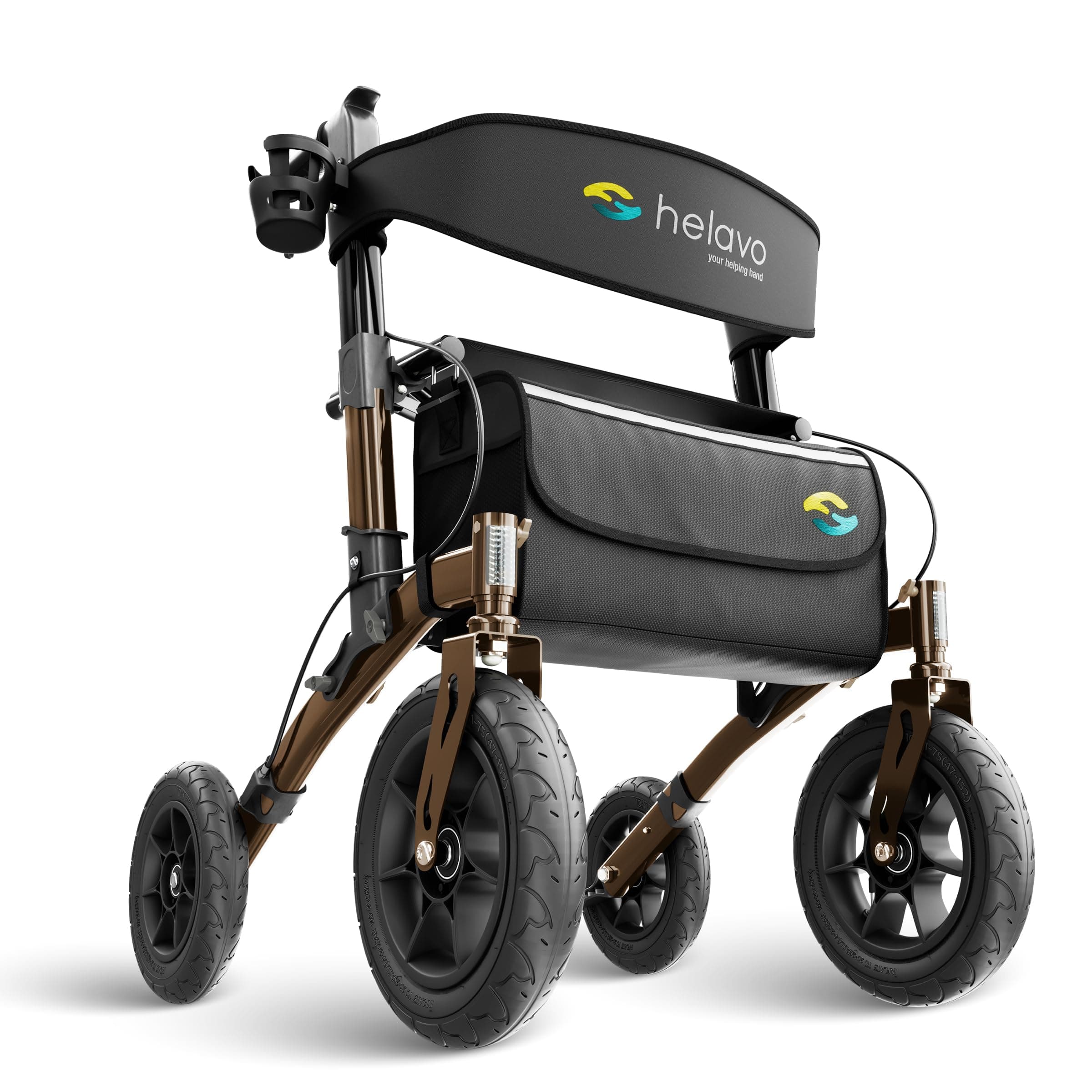 All Terrain Walker with Puncture-Proof, Flat-Free Solid Rubber Tires, 12" Wheels - Foldable Outdoor Walker for Seniors with Seat, Ergonomic Handles and Extra Padded Backrest