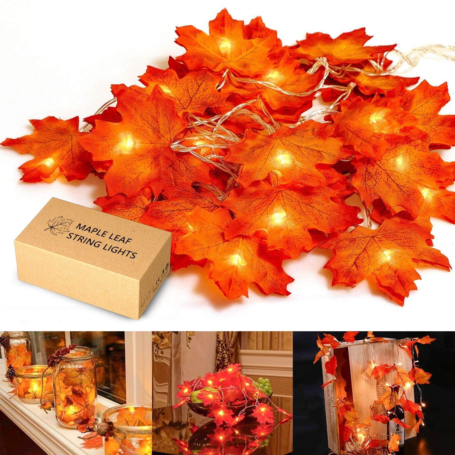 Christmas Decorations, MiMoo Maple Leaf String Lights, 20LED 7.2ft Battery Powered Harvest Fall Garlands String Light