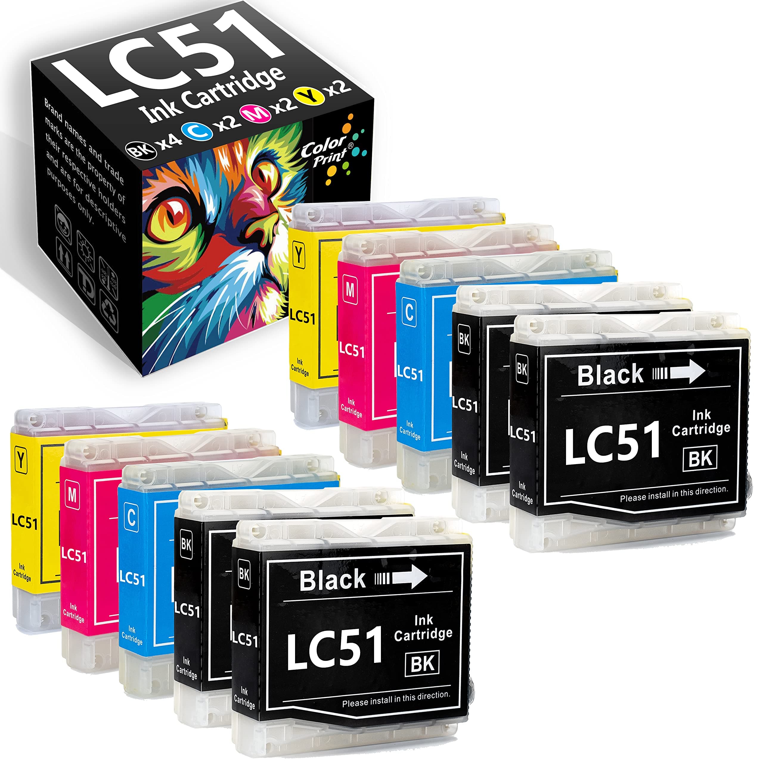 10-Pack (4 x B + 2 x C + 2 x M + 2 x Y) Compatible LC-51 LC51 Ink Cartridge Used with Brother DCP-130c 330c 350C 240C MFC-440CN 5460CN 845CW 5860CN FAX-2480C Series Printer, by ColorPrint