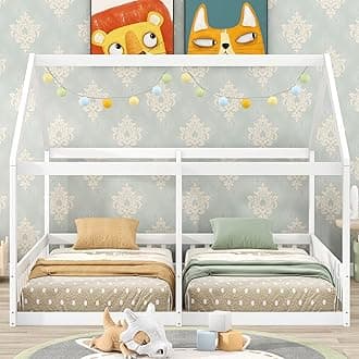 SOFTSEA Twin Size Double Bed Frame for Kids, Side by Side Platform Bed, 2 Twin House Shared Bed for Kids, No Box Spring Needed, Easy Assembly, White