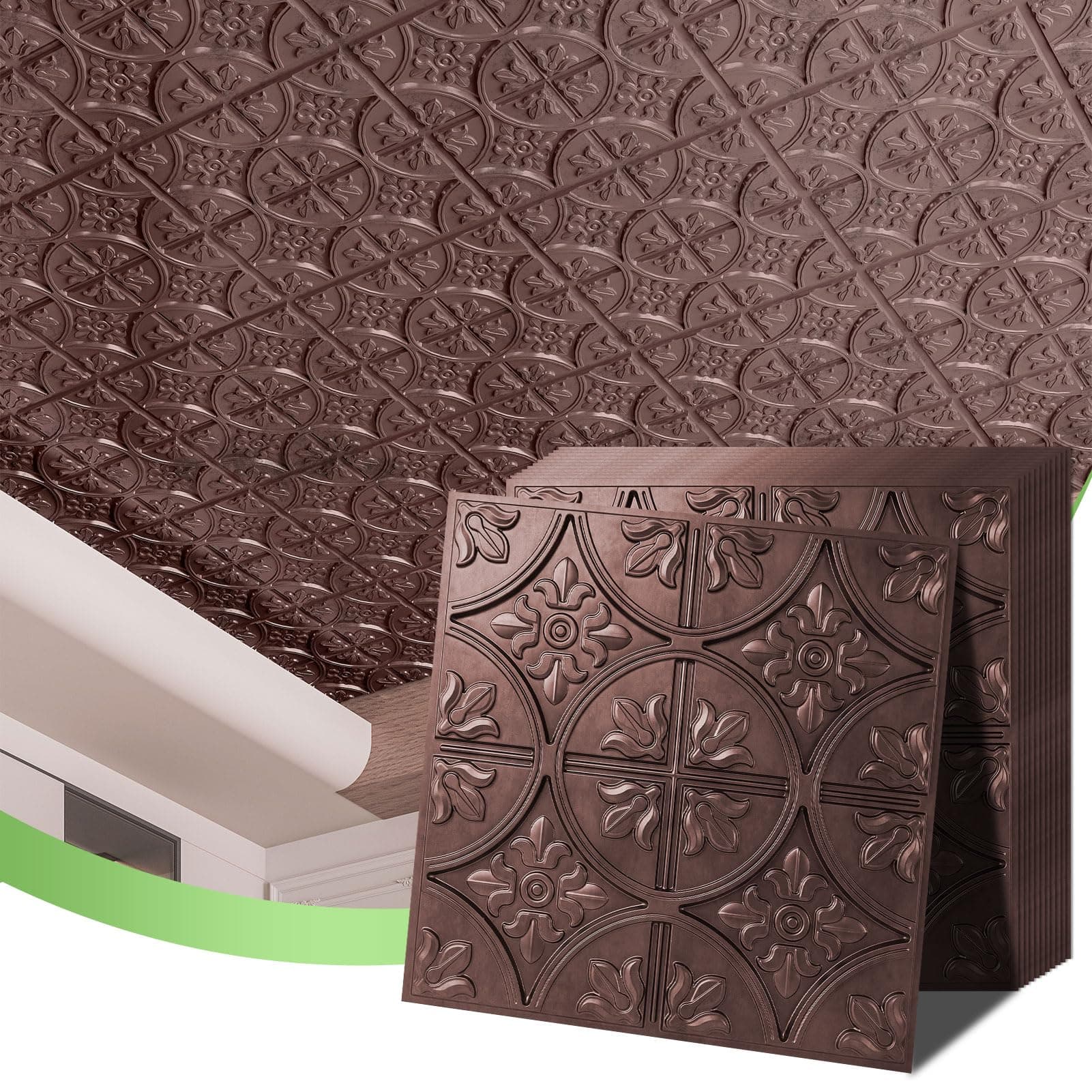 Art3d Drop Ceiling Tiles 2x2, Glue-up Ceiling Panel, Fancy Classic Style, Antique Copper