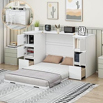 Twin Size Murphy Bed Cabinet with Drawers & USB Ports,Folding Wall Bed Frame W/High Stool and Ample Storage,Space-Saving Hidden Platform Bed for Bedroom,Guest Room,Home,Office,White