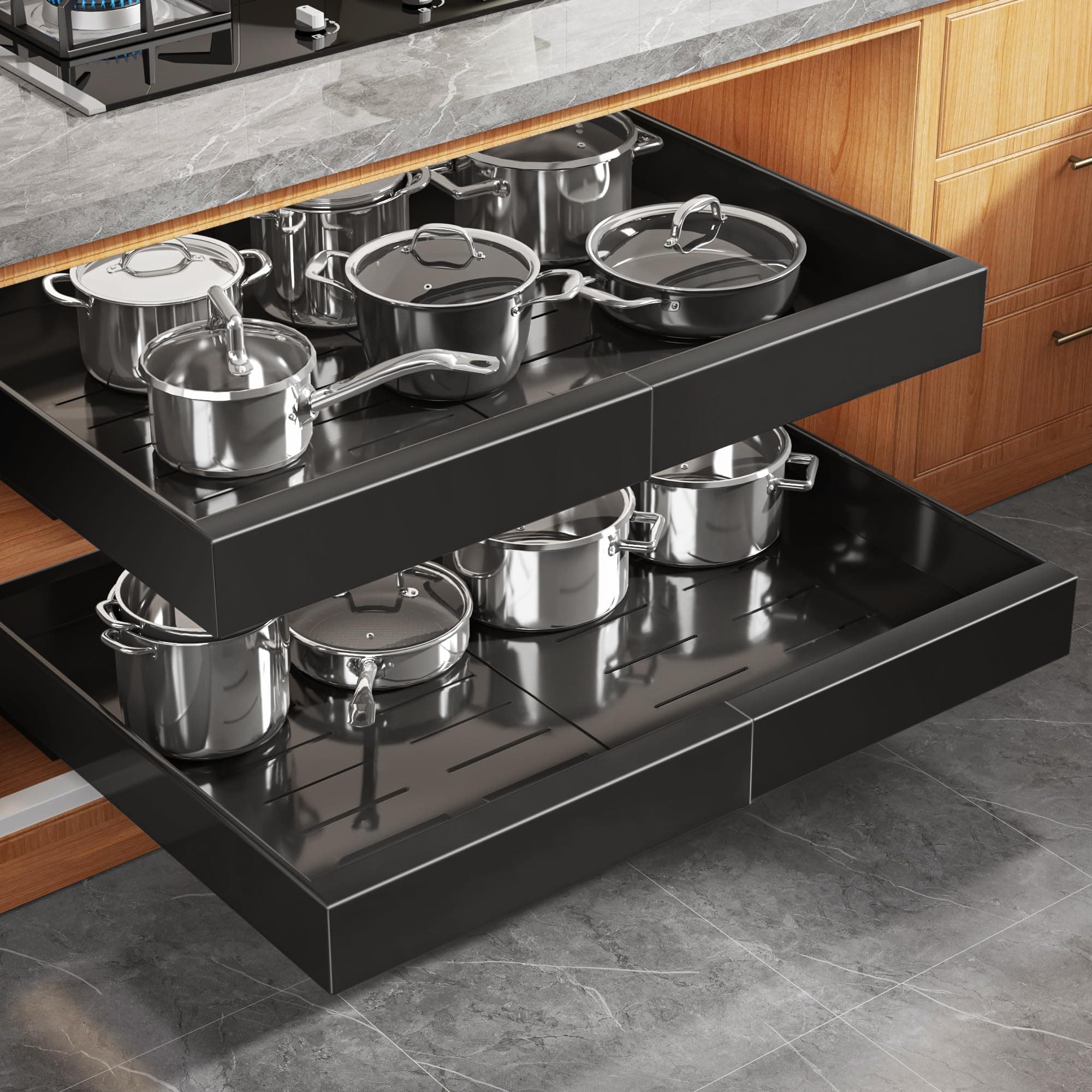 2 Pack Expandable Pull Out Cabinet Organizer 21"Deep With Raising Pad for Framed Cabinets,Upgrade 3 Slide Rails Slide Out Drawers,Roll Out Shelves Adhesive,Adjustable Width 15.15"-26.3" Black