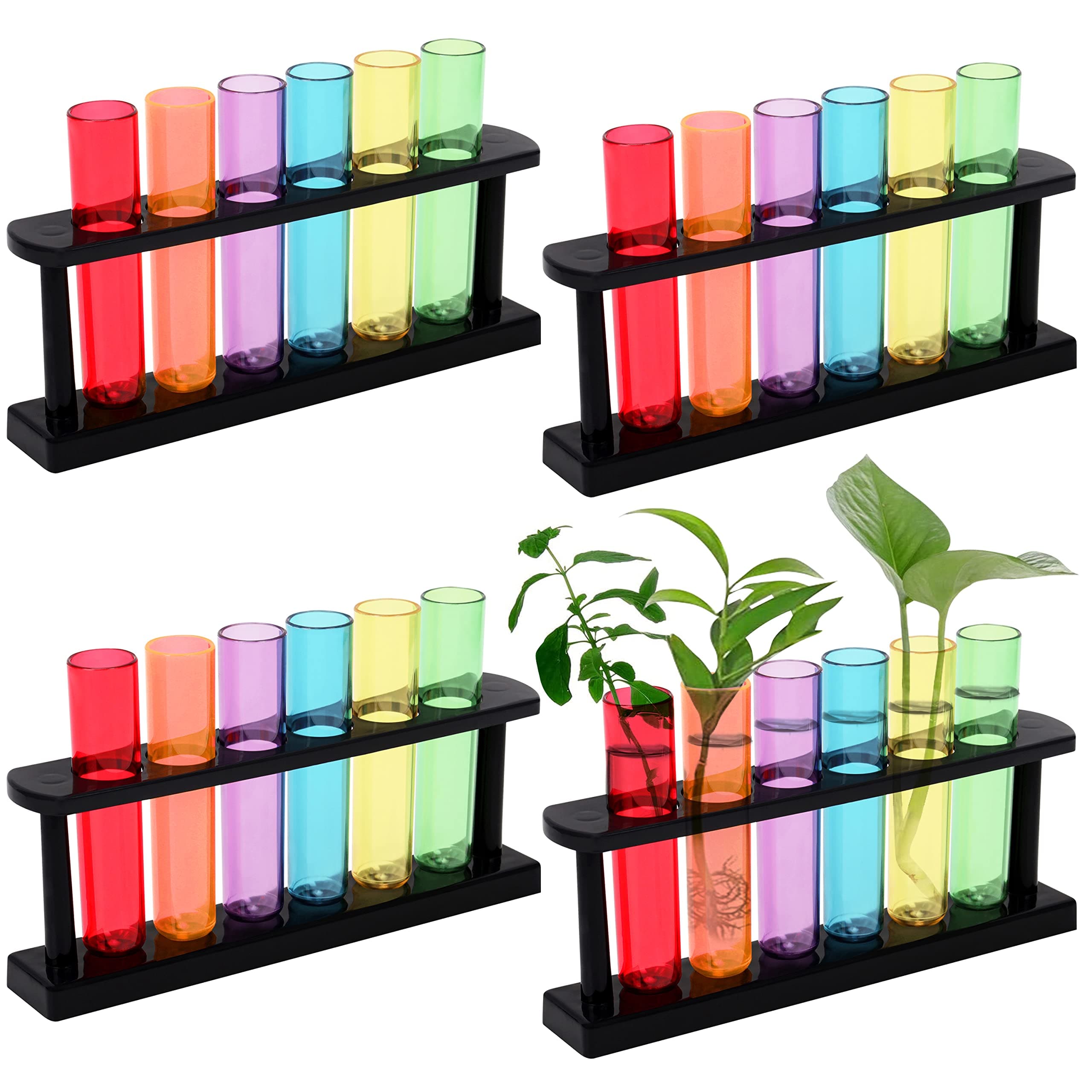 BELLE VOUS 4 Pack Clear Plastic Test Tubes - 45ml Assorted Colour Tube Containers with Rack - Container for Scientific Experiments, Candy Storage, Party Decor, Bath Salts, Beads, Flowers & Liquids