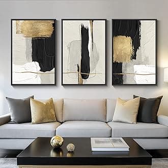 Large Framed Black and White Abstract Wall Art, 3 Piece Canvas Prints Paintings Artwork for Walls, Minimalist Gold Beige Block Pictures for LIving Room Bedroom Office Wall Decor Total 30x60 Inch