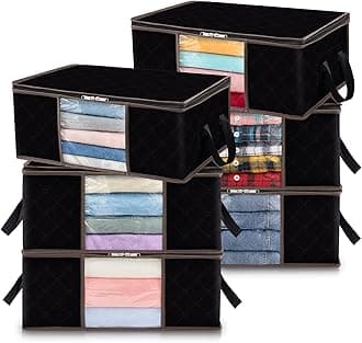 Lifewit Clothes Storage Bag Foldable Storage Bin Closet Organizer with Reinforced Handle Sturdy Fabric Clear Window for Sweaters, Coats, T-shirts, Blankets, 6 Pack, Black