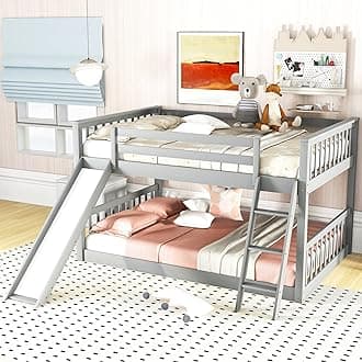 Full Over Full Bunk Beds for Kids, Low Bunk Bed with Slide and Ladder, Kids Bunk Beds with Full-Length Guardrail and Salts, Wood Bunk Bed Full Over Full, Gray Bunk Bed Full Size