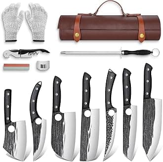 TIVOLI Butcher Knife Set for Meat Cutting, 13Pcs Upgraded High Carbon Steel Hand Forged Kitchen Knife Set with Roll Bag, Viking Chef Knife Set for Kitchen Outdoor BBQ
