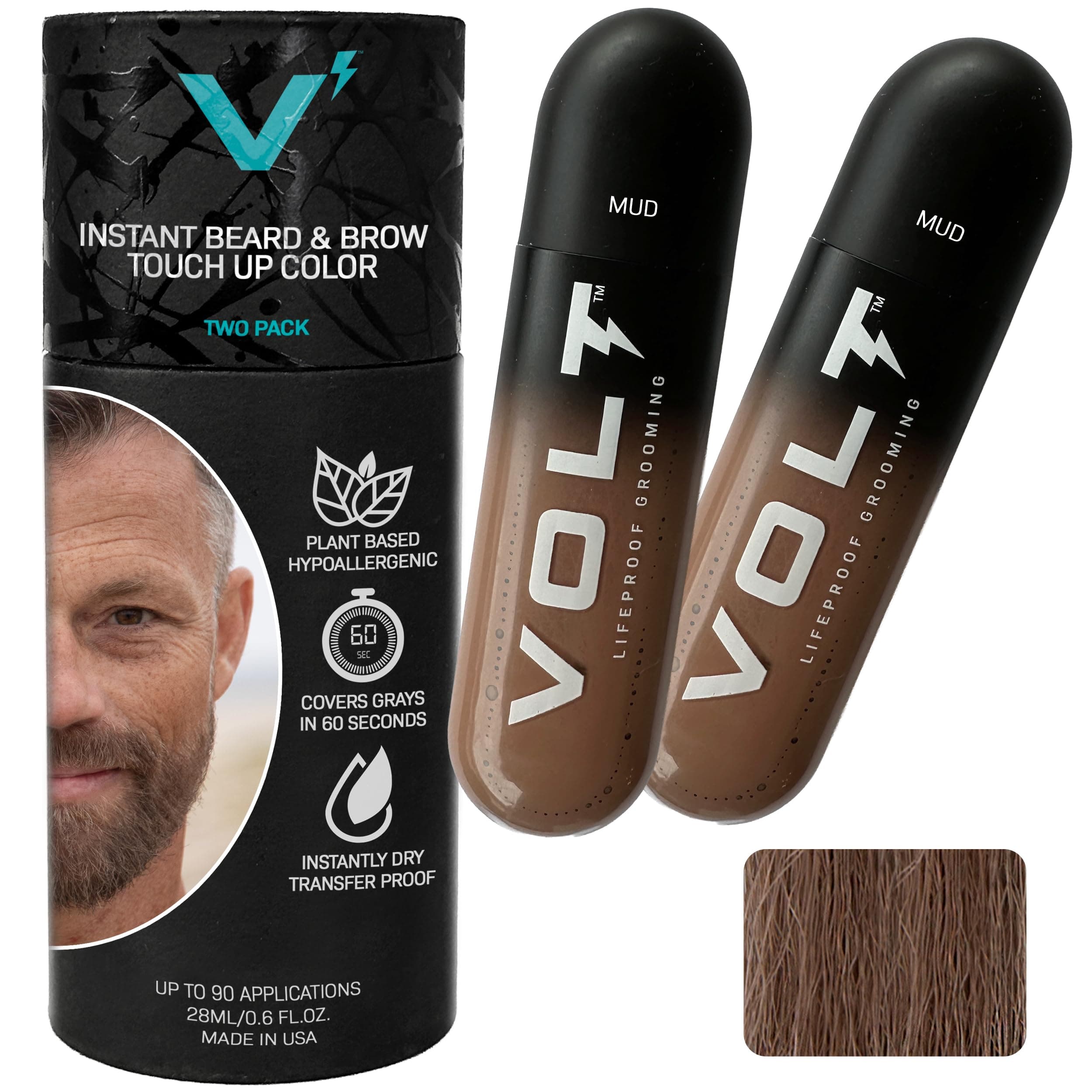VOLT Grooming Temporary Instant Beard Color for Men, Quick Drying Plant-Based Brush On Beard, Hair, Mustache & Eyebrow Color, Safe for Sensitive Skin, Mud Brown, 2-Pack Refill, 90+ Applications