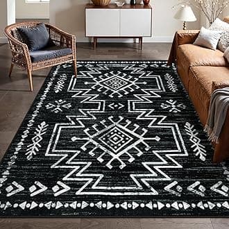 Vivienne Washable Living Room Rugs 8x10, Western Black and White Rug for Bedroom, Low Pile Boho Distressed Aztec Floor Carpet for Dining Room, Soft Stain Resistant Large Moroccan Carpets