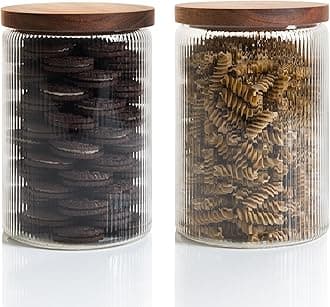 Ribbed Glass Jar with Wooden Lid 70fl.oz/ 2.1L- Set of 2 | Airtight Glass Storage Canister for Biscuits, Pasta, Dog Treats, Snacks | Container for Home & Kitchen