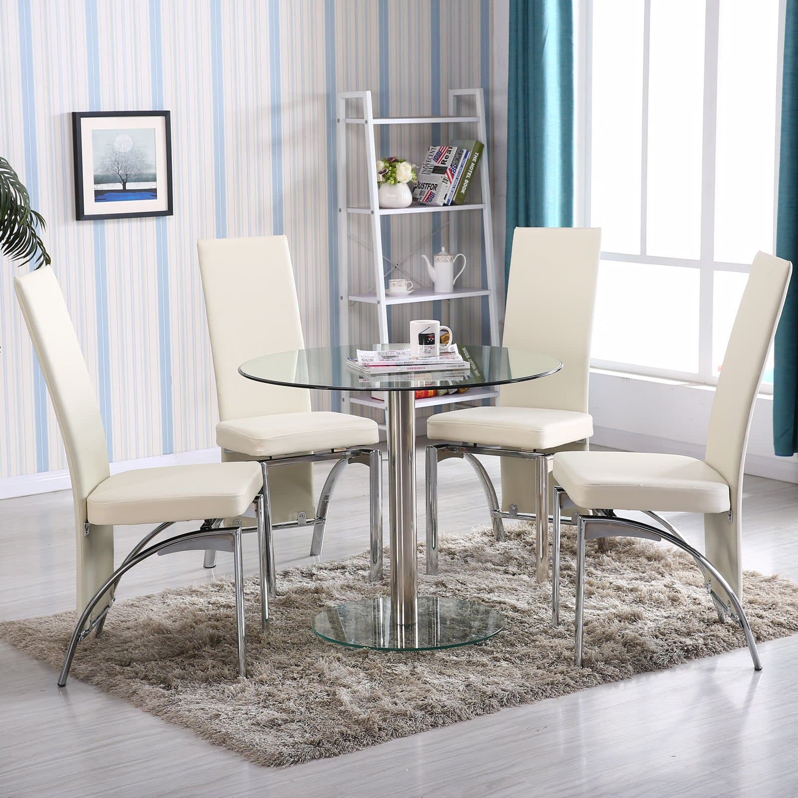 Round Glass 5 Piece Dining Table Set 4 Chairs Kitchen Room Furniture Breakfast