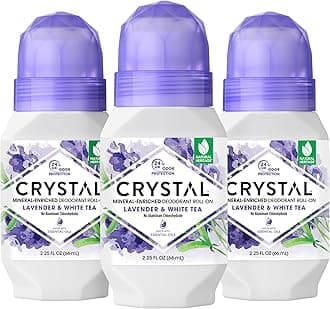 Crystal Essence Mineral Deodorant Roll-On Body Deodorant With 24-Hour Odor Protection, Lavender & White Tea, Non-Sticky Roll-On, Aluminium Chloride & Paraben Free, 2.25 FL OZ, Pack of 3