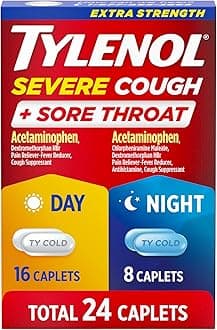 Tylenol Extra Strength Severe Cough + Sore Throat Day & Night Caplets, Combo Pack for Powerful Multi-Symptom Relief for Painful Sore Throat & Cough, Acetaminophen Pain Reliever, 24 ct