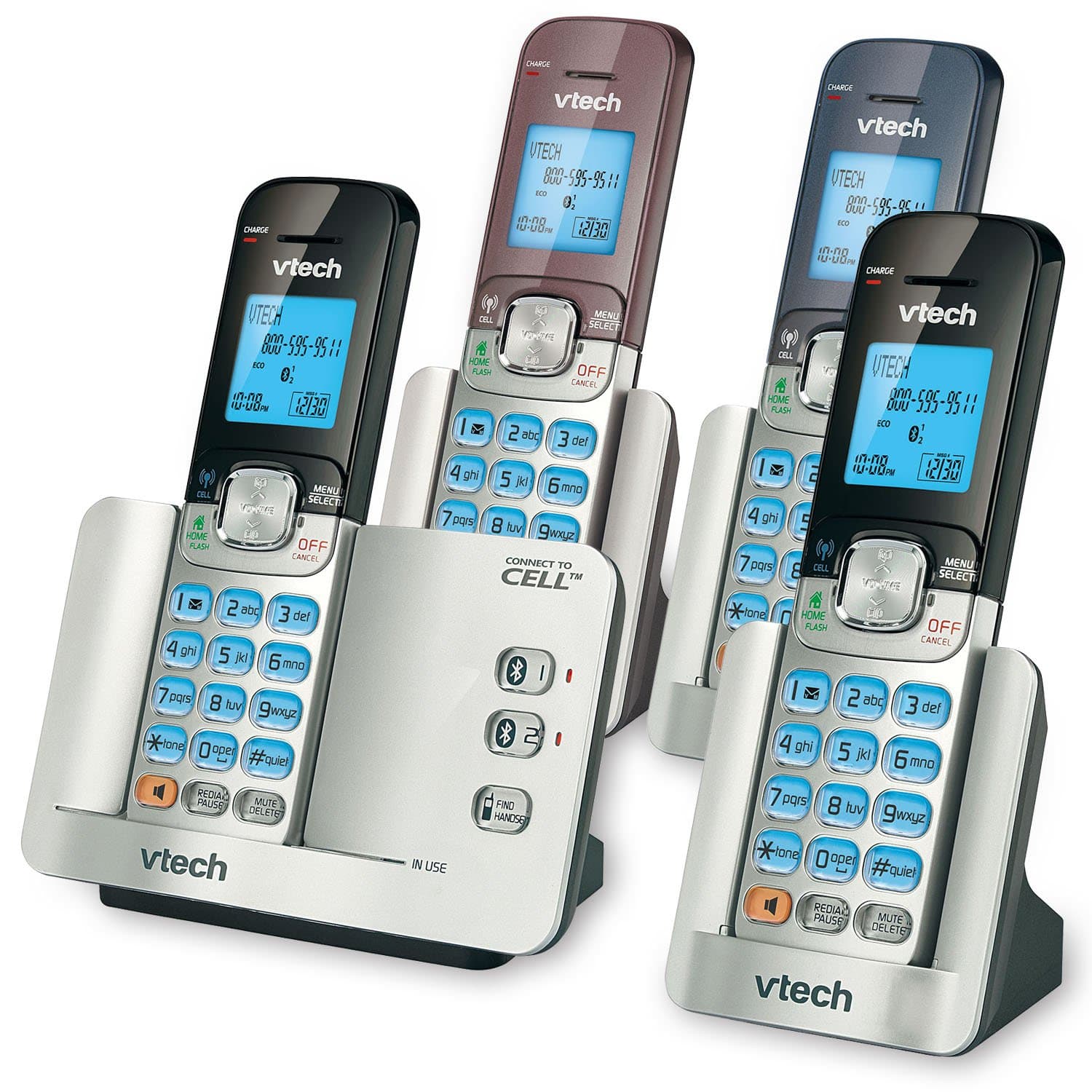 VTech DS6511-4A 4-Handset DECT 6.0 Cordless Phone with Bluetooth Connect to Cell and Caller ID, Expandable up to 5 Handsets, Wall-Mountable, Black/Blue/Brown