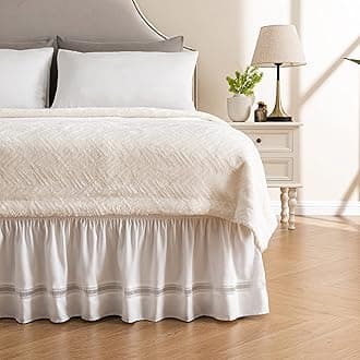 MIYE Wrap Around Ruffled Lace Bed Skirt, Elastic Dust Ruffle with Adjustable Belts,15 Inch Drop Easy to Put On, Bed Frame Cover, Machine Washable (Ruffled Lace, King/Queen-15)