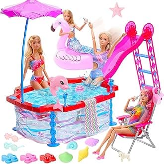 Miunana 23 Doll Swimming Pool Play Set with 19 Pool Accessories Beach Chairs Swimming Ring and 4 Sets Swimsuit Doll Clothes Mermaid Swimwear for 11.5 Inch/30cm Dolls