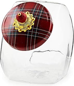 MACKENZIE-CHILDSCookie Jar with Lid, Large Glass Cookie Jar with Enamel Lid, 1-Gallon Capacity, Red Tartan