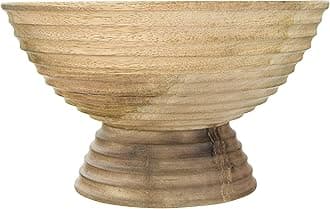 Creative Co-Op DF2440 Ridged Mango Wood Footed Bowl, Brown, 5 quarts, Large