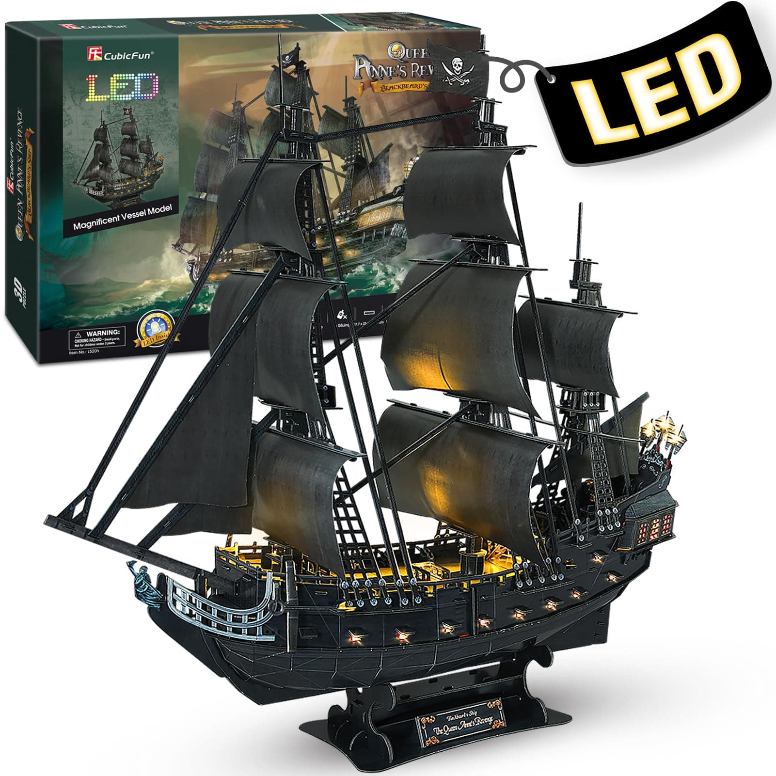 3D Puzzles Pirate Ship and Sailboat Vessel Black Pearl Highly Difficult Model Ship Kit Queen Anne's Revenge (Large with LED Lights) Building 3-d Puzzles Gifts for Adults and Kids, 340 Pieces