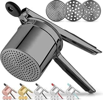 Zulay Kitchen Large 15oz Potato Ricer with 3 Interchangeable Discs - Heavy Duty Stainless Steel Potato Masher - Ricer Tool with Non-Slip Handle - Spaetzle Maker Press (Black Metal)