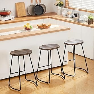 HeuGah Bar Stools Set of 3, Counter Height Saddle Seat Wood Bar Stools, 26" Backless Barstool for Kitchen Island, Brown Bar Stools Easy to Assemble (Brown, 3 PCS 26Inch Counter Chair)