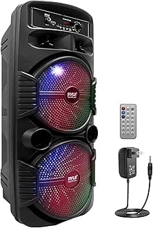 Pyle Portable Bluetooth PA Speaker System - 600W Rechargeable Outdoor Bluetooth Speaker Portable PA System w/ Dual 8” Subwoofer 1” Tweeter, Microphone In, Party Lights, USB, Radio, Remote - PPHP2835B
