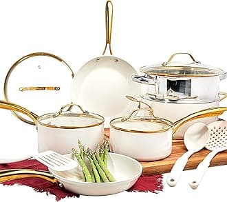 GOTHAM STEEL 15 Pc Pots and Pans Set Non Stick Cookware Set, Pot and Pan Set, Kitchen Cookware Sets, Ceramic Cookware Set, Dishwasher Safe, Non Toxic, Cream White