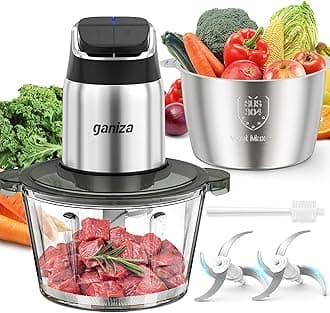 Food Processor, 2-Speed Food Chopper Meat Grinder with 8 Cup Stainless Steel & 8 Cup Glass Bowls, Upgraded Button & Smart Overheat Protection Light - Includes Clean Brush, 2 Sets of Blades