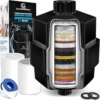 AquaHomeGroup 20 Stage Shower Filter for Hard Water - High Output Universal Shower Head Filter for Chlorine, Fluoride, Heavy Metals - Vitamin C E Shower Water Filter for Hair and Skin (Black)