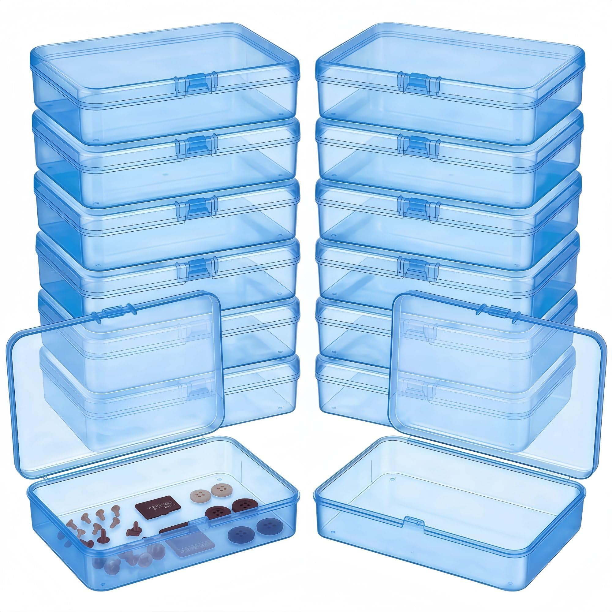 LJY 12 Pack Plastic Storage Boxes with Lids 11.5 x 8.5 x 2.8 cm – Blue Rectangular Small Containers for Diamond Art Accessories, Beads, Crafts and Hardware, Stackable Organiser Box Set