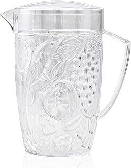 Clear Plastic Beverage Pitcher with Lid, 76 Ounce - Thick-Walled Fruit Design, Made in The USA - Fill with Ice Water, Iced Tea or Juice - BPA Free, Dishwasher Safe