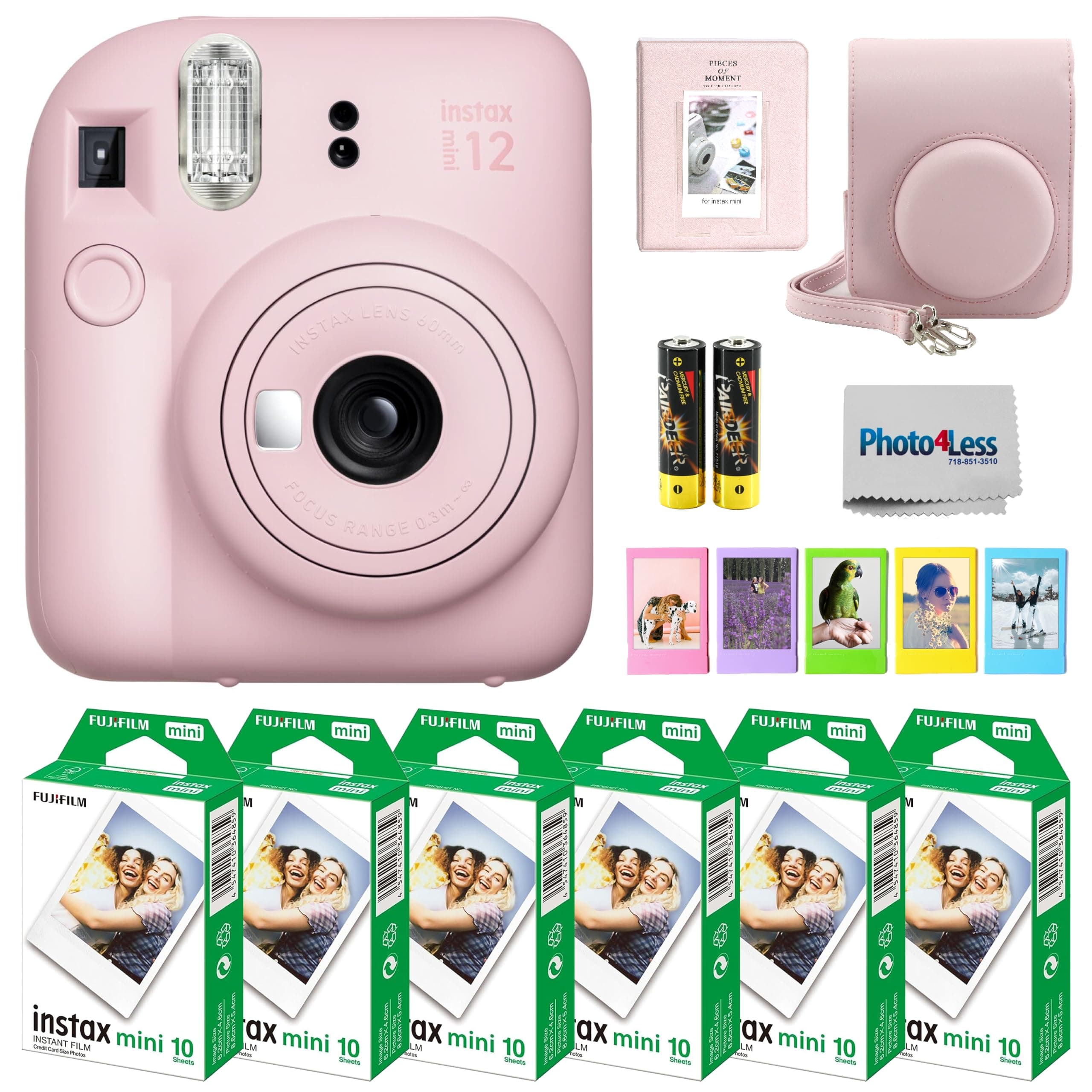 Instax Mini 12 Instant Camera Bundle with Fujifilm Instax Mini Instant Film Value Pack (60 Sheets) with Accessories Including Protective Case, Strap, Photo Album (Blosssom Pink)