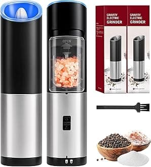 Stainless Steel Gravity Electric Salt & Pepper Grinder Set, Battery Powered with Blue LED Light, Adjustable Coarseness, One Hand Automatic Operation, Silver