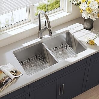 32 Inch Undermount Double Bowl Kitchen Sink Handmade 16 Gauge Stainless Steel 50/50 Deep Sinks with Strainer & Bottom Grid 32" x 19" x 10"