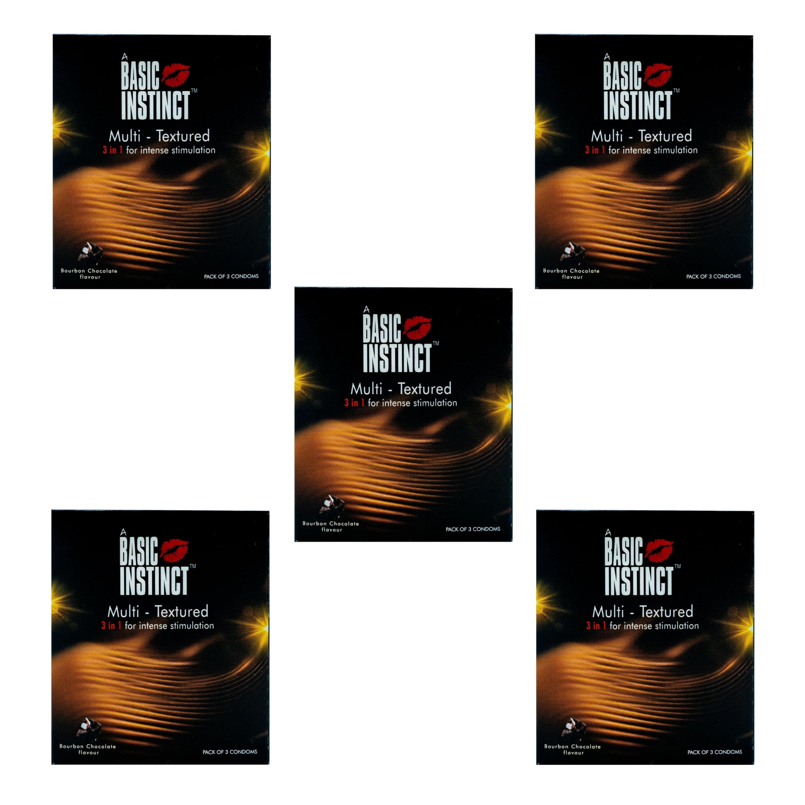 Basic Instinct Multi Texture Condoms for Men, 3 in 1 Ribbed, Dotted & Contoured, Bourbon Chocolate Flavoured Ultra-Smooth Latex Condoms,3 Pcs (Pack of 5)
