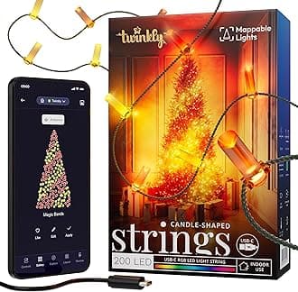 Twinkly Strings USB-C Candle 200 LED, Candle Shaped LED String Lights, Multicolor RGB LED Light Wire, Compatible with Alexa, Google Home, Christmas Lights, USB C Power, Green Wire, 12m