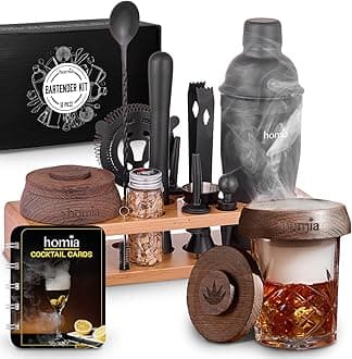homia Bartender Kit with Whiskey Smoker - 13 pcs, Bamboo Stand - Bar Set with Cocktail Shaker, Bartending Kit with Essential Bar Accessory Tools, Wood Chips, Black Matte