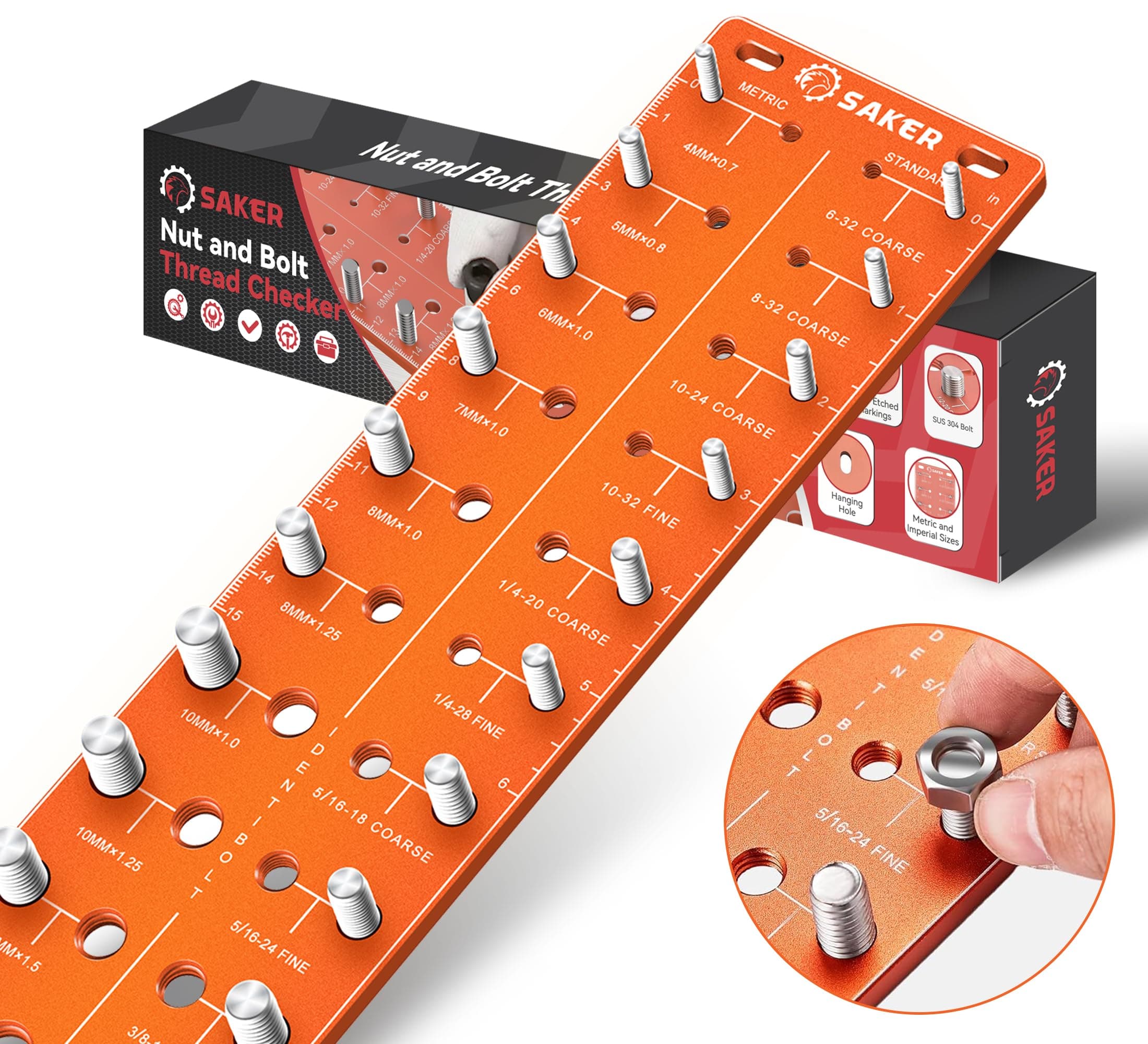 Saker Nut and Bolt Thread Checker, Bolt Size and Thread Gauge, 14 Metric & 14 Standard Sizes Bolt Size Finder,Wall-Mountable Bolt Gauge with Inch and Centimeter Ruler