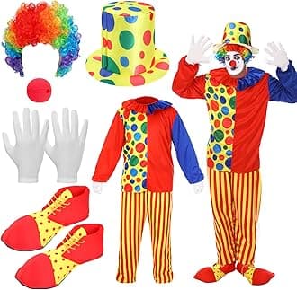 Funtery 7 Pcs Clown Costumes Set Includes Shoes, Nose, Hat, Wig, Gloves for Adults Carnival Clown Costumes