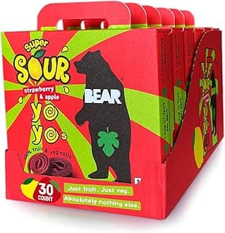 BEAR Sour Real Fruit Yoyos, Strawberry-Apple, No added Sugar, All Natural, Non GMO, Gluten Free, Vegan, Healthy on-the-go Snack for Kids & Adults, Red, 0.7 Oz, 30 Count