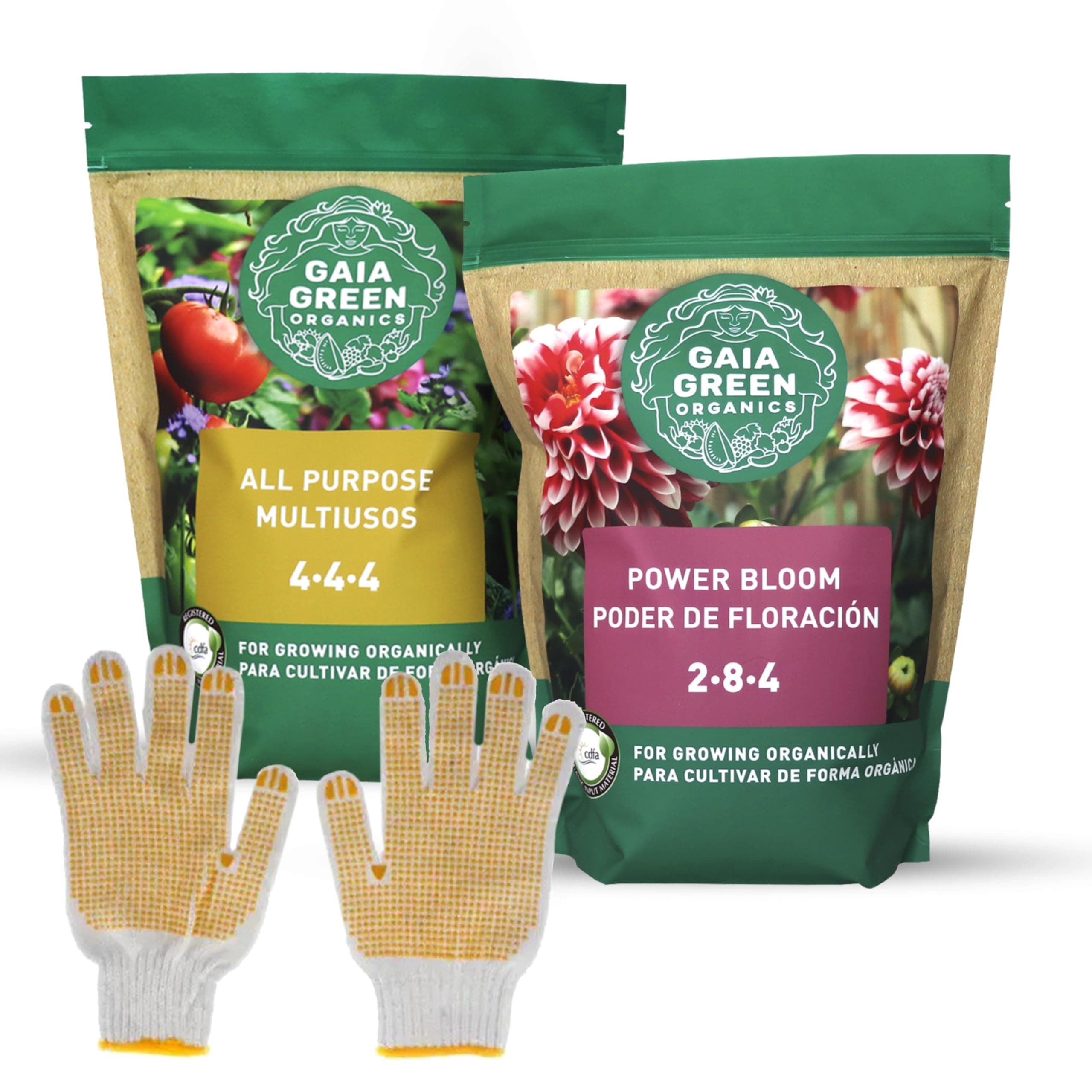 Gaia Green Bundle 2-8-4 Power Bloom and 4-4-4 All Purpose Organic Fertilizer Plant nutrients (2kg tubs) and a Pair of TOSSI Gardening Gloves