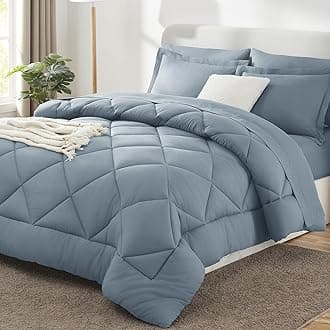 Queen Comforter Set Dusty Blue - Bed in a Bag Queen Size 7 Pieces, Luxury Soft Bed Set for All Seasons, Bedding Set with Down Alternative Comforter, Sheets, Pillowcases & Shams, Grayish Blue