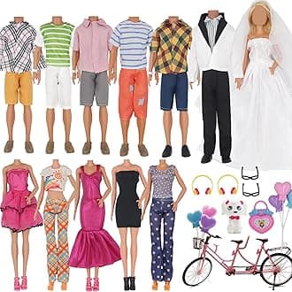 EUtenghao 29Pcs Doll Clothes And Accessories For Ken Doll And Barbie Doll Includes 12 Set Wear Clothes Jeans And Wedding Dresses Tandem Bike Glasses Dog Bag And Colorful Balloons For Ken Barbie Doll