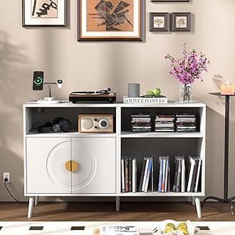 Large Record Player Stand, Mid Century Turntable Stand with Door, Record Player Table Holds Up to 350 Albums,Vinyl Display Shelf for Bedroom Living Room (Snow White)